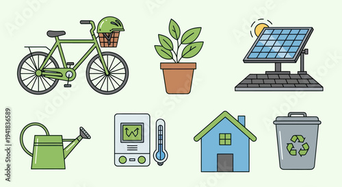 Collection of Eco-Friendly Icons: Bicycle Plant Solar Panel and More.