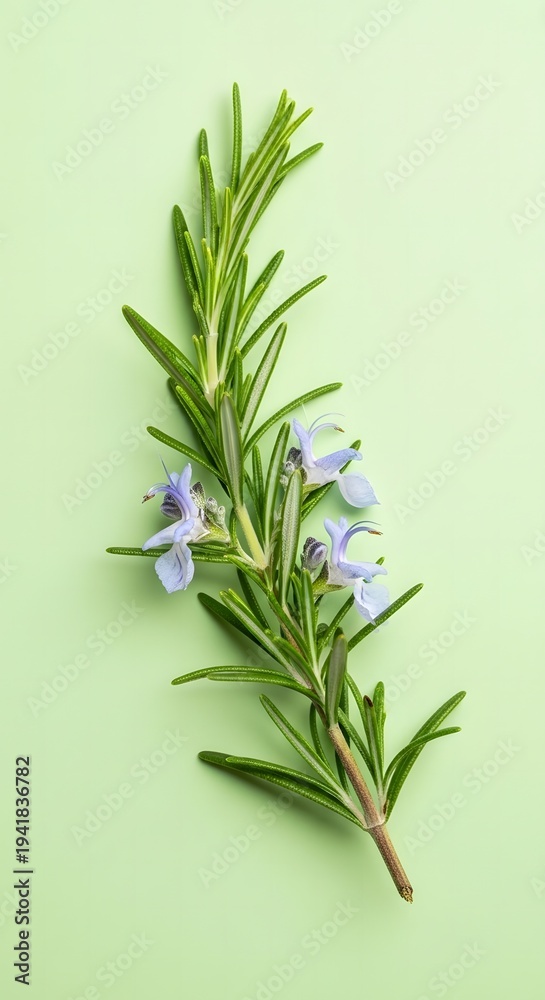 Fototapeta premium Fresh sprig of Rosemary with delicate blue flowers on a soft green background