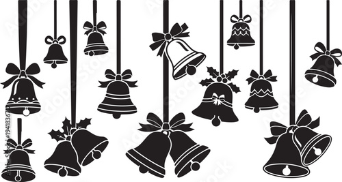 Black and white hanging Christmas bells with ribbons decoration