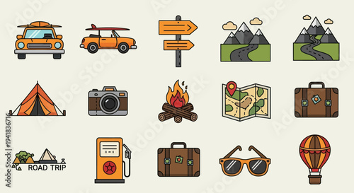Road Trip and Camping Icons: Car Tent Camera Map Suitcase and More.