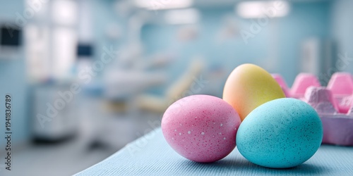 Colorful Easter eggs on blue cloth in bright dental clinic interior