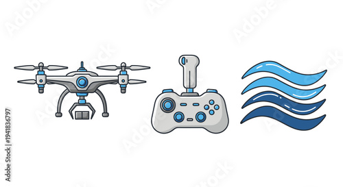 Modern Tech Icons: Drone Game Controller and Stylized Blue Waves.
