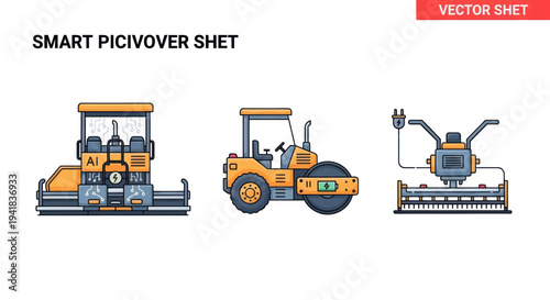 Set of Three Construction Vehicles: Asphalt Paver Road Roller and Soil Stabilizer.