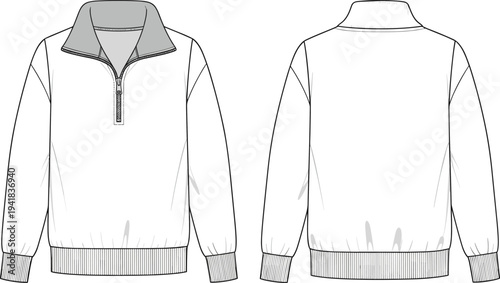 Cad drawing flat vector illustration, of unisex quarter zip pullover sweatshirt technical sketch, featuring high collar ribbed cuffs and hem