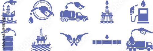 Fuel oil industry petroleum gasoline transport refinery energy vector icon set
