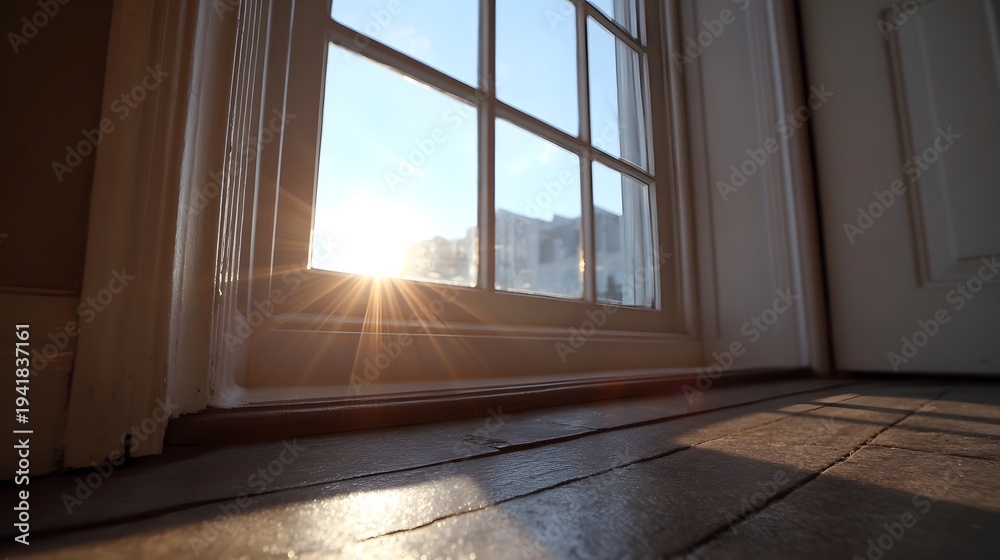 Fototapeta premium Dramatic sunlight streams through a window creating sunbeams and flare on a wooden floor