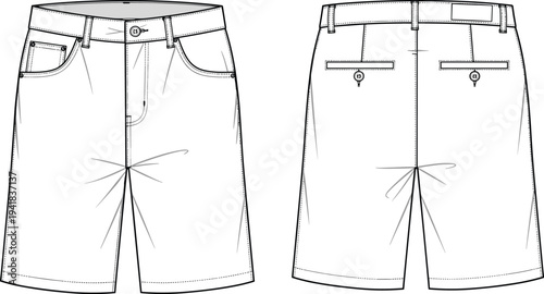 Cad drawing flat vector illustration of men's casual chino walk shorts technical sketch featuring front pockets and back welt pockets
