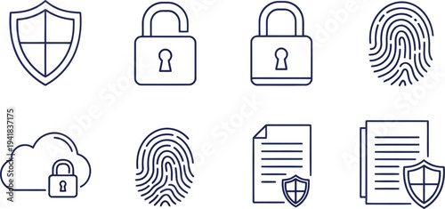 Security and data icons: shield, lock, fingerprint, cloud