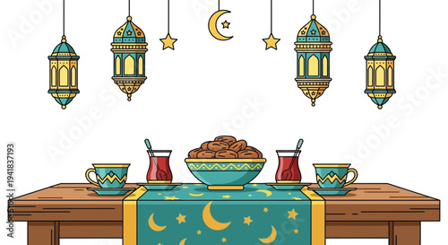 Ramadan decorations with lanterns dates tea and a festive table setting