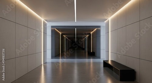 Modern architectural interior perspective with linear lighting and a waiting bench
