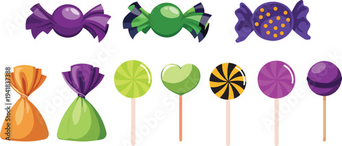 Vector Set of Colorful Halloween Candies and Lollipops in purple orange and green wrappers isolated on white background for trick or treat and party design
