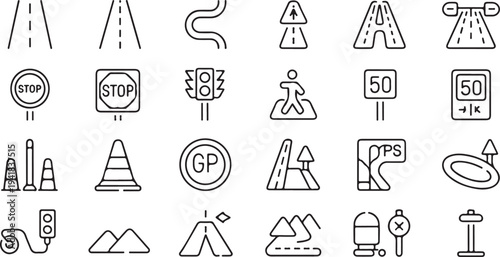 Set of black and white road and outdoor activity with various symbols and signs