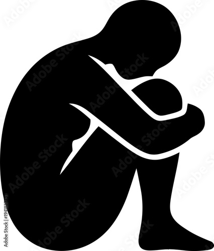 Figure of a sad or depressed person sitting with knees to chest. Mental health and loneliness concept. Simple human silhouette vector icon