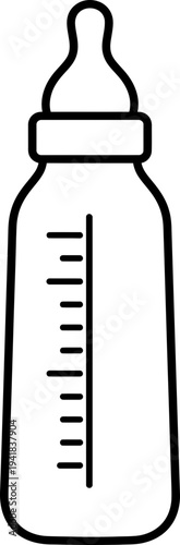 Baby feeding bottle with nipple and measurement marks. Childcare and parenting concept. Outline style. Vector icon for website, app, infographic
