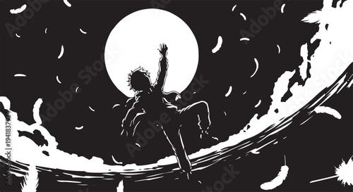 Black and white vector illustration of a person surfing at night