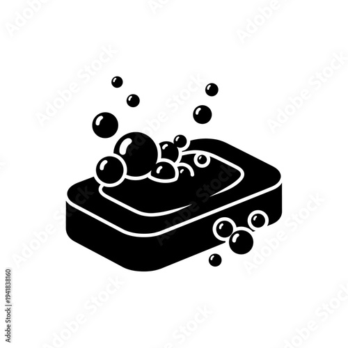 Black and White Soap Bar with Bubbles Illustration.