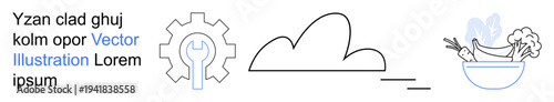 Cloud computing, digital tools, engineering, health, nutrition, maintenance. Gear with wrench, cloud shape healthy food bowl illustration. Cloud computing and digital tools