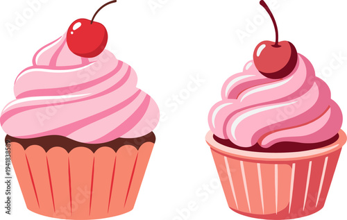 Two pink cupcakes with cherries stand side by side on a white background
