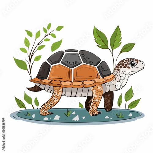 Tortoise Walking on Water with Leaves.