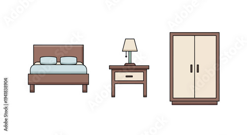 Cartoon bedroom furniture set: bed nightstand with lamp and wardrobe illustration.