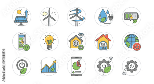 Collection of Colorful Sustainable Energy and Eco-Friendly Technology Icons.