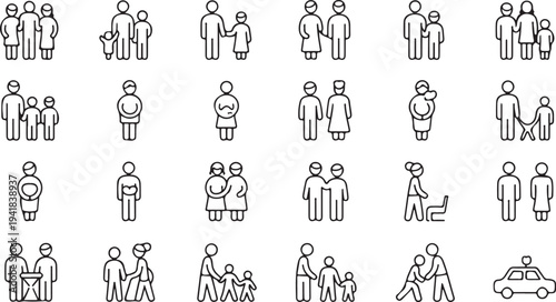 Various black and white line of people in different family and social group configurations