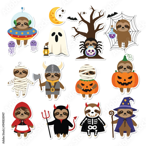 Collection of cute sloths dressed in various Halloween costumes, festive and adorable characters