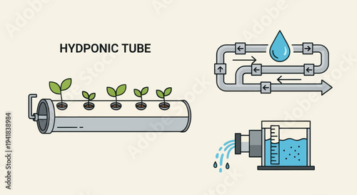 Hydroponic tube system growing young plants with water circulation diagram.