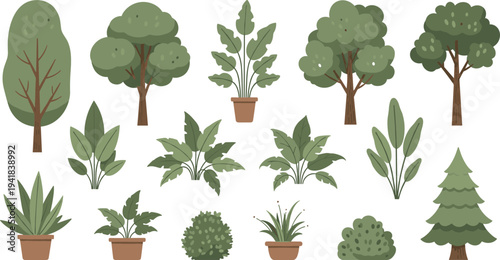 Set of green trees and potted plants vector illustrations isolated on white background for nature garden design projects