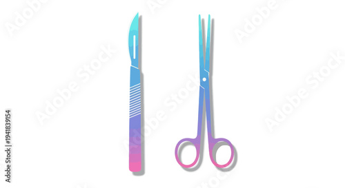 Surgical Scalpel and Scissors with Iridescent Finish for Medical Procedures.