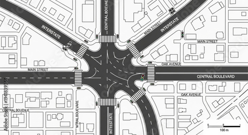 Detailed Intersection Plan with Multiple Roads and Crosswalks.