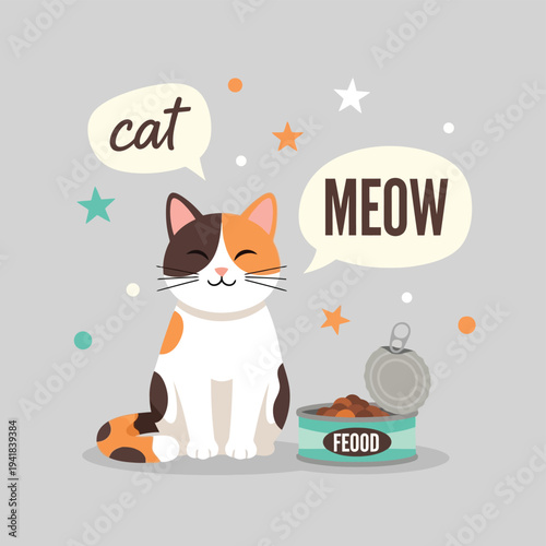 Cute Calico Cat Illustration with Meow Speech Bubble and Canned Food