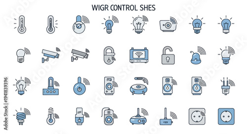 Smart Home Control System Line Art Icons Set with Blue Accents.