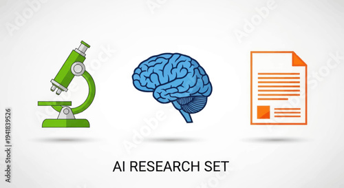 AI Research Set: Microscope Brain and Document Icons.