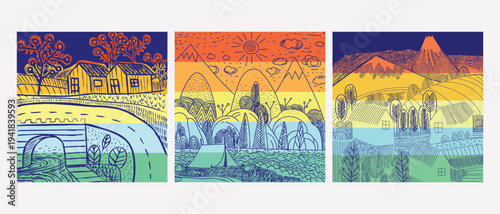 A joyful rural landscape with fiels,textured hills, hand drawing vector illustration. Doodle village and farmyard childish style with minimalist colors.