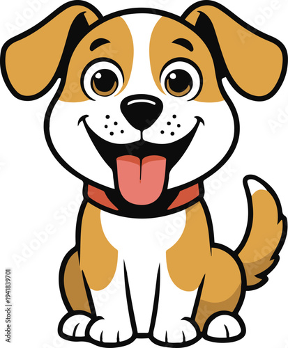 Happy dog sticker icon, simple cartoon puppy, flat vector illustration, bold outline, friendly pet mascot, isolated white background 1