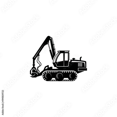 Heavy machinery vehicle with grapple arm illustration.