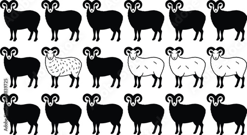 Ram sheep silhouettes collection, horned farm animal vector set, standing ram livestock icons, agricultural animal illustrations for farming, ranch and livestock design