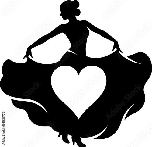 Woman silhouette with a heart shape on her skirt. Flamenco dancer concept vector illustration for design element, icon, or symbol