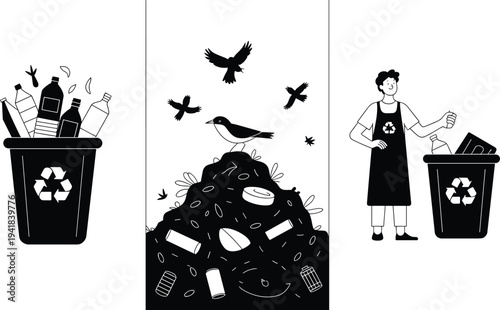 Recycling and waste management illustration, recycling bin and trash pile with birds, person sorting bottles, environmental conservation and circular economy vector scene