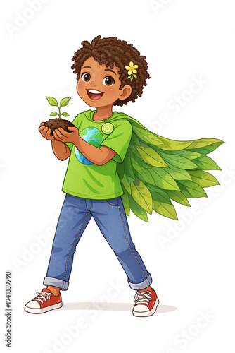 Earth Day eco superhero child holding plant seedling, environmental protection kid character illustration vector