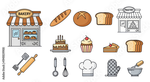 Assortment of Bakery Goods and Equipment Icons.