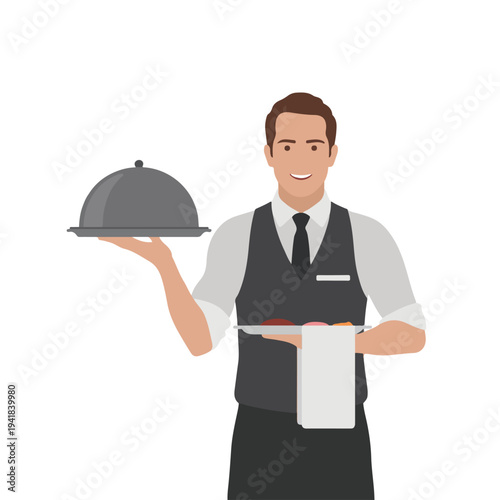 A cartoon waiter holding a covered serving dish and a menu in a modern illustration style