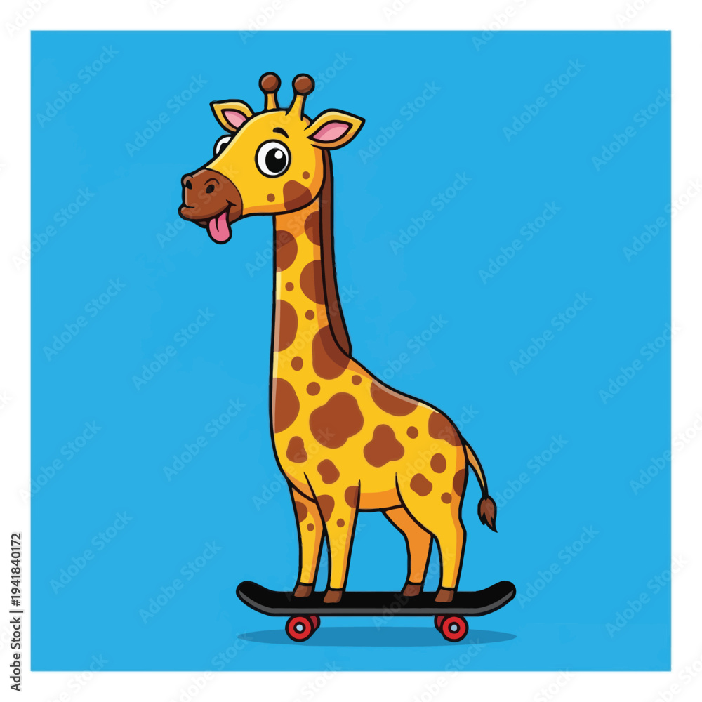 Obraz premium Cute Cartoon Giraffe Standing and Riding a Skateboard with Happy Expression on Blue Background