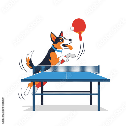 Funny Cartoon Dog Playing Ping Pong with Paddle and Ball Jumping Over Table
