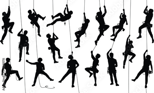 Rock climbing and rope access silhouettes set, climbers rappelling and ascending on rope, mountaineering adventure vector collection for sport, rescue and training