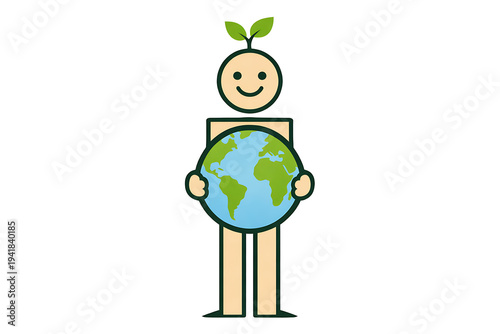 Earth Day person holding planet with plant, minimal eco friendly character illustration