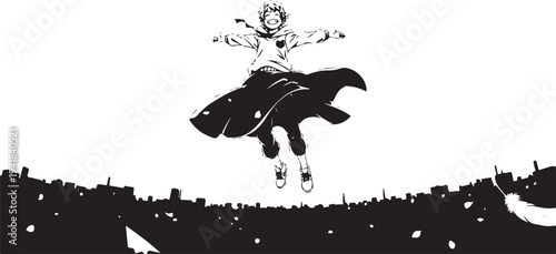 Vector illustration of a woman jumping over city skyline