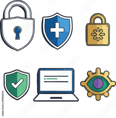 Internet security icon collection including padlock, antivirus shield, data encryption key, secure laptop login, and privacy eye protection, simple outline vector icons