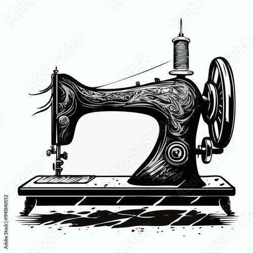 Vintage Sewing Machine with Thread and Bobbin.